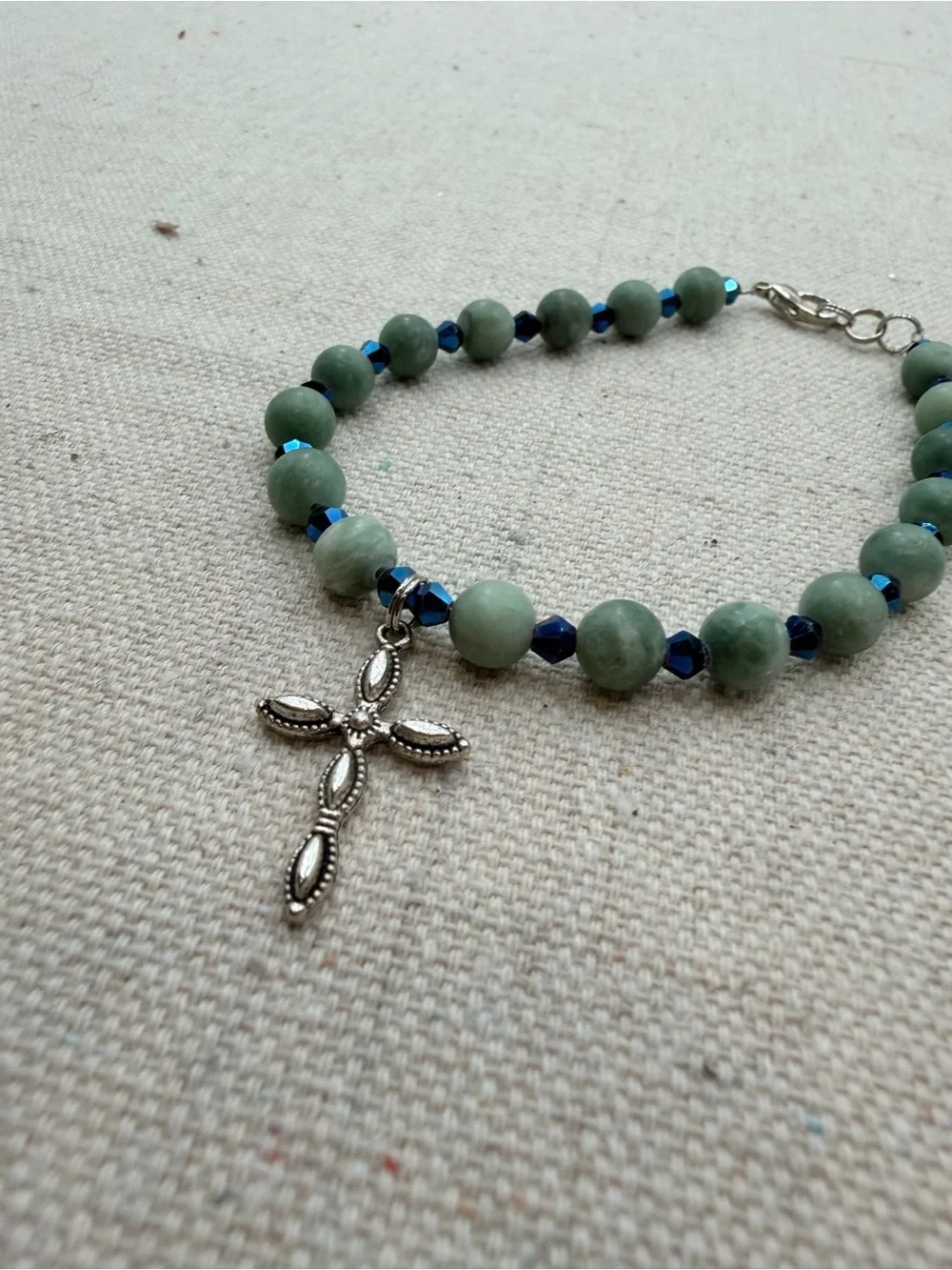 Green Beaded Bracelet with Silver Cross Charm